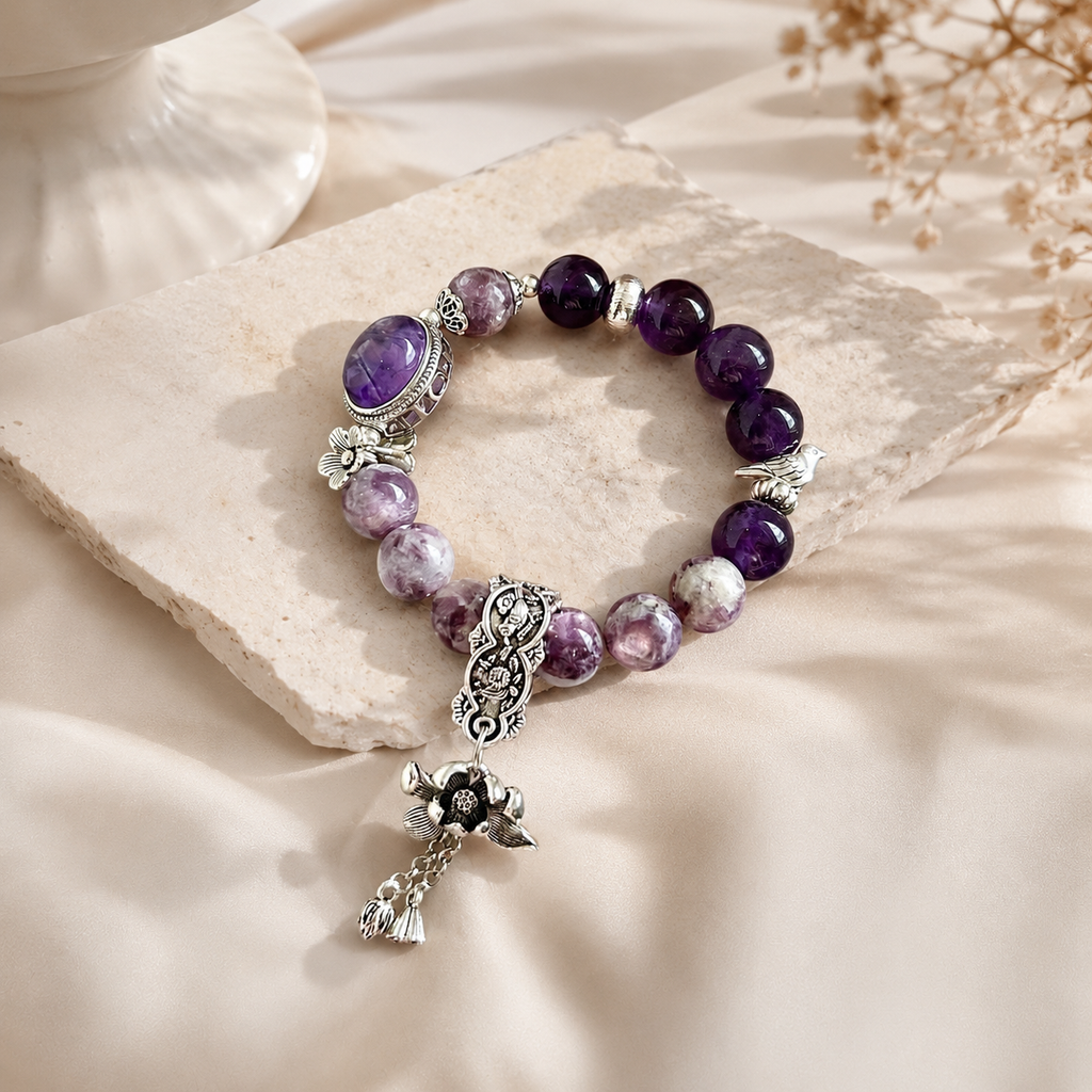 Dansenmonk Vintage Amethyst Lepidolite Bracelet Natural Purple Crystal Nine Purple Fire Luck Healing Beaded Bracelet with Antique Copper Charms Calming Spiritual Gift for Women