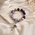 Dansenmonk Vintage Amethyst Lepidolite Bracelet Natural Purple Crystal Nine Purple Fire Luck Healing Beaded Bracelet with Antique Copper Charms Calming Spiritual Gift for Women
