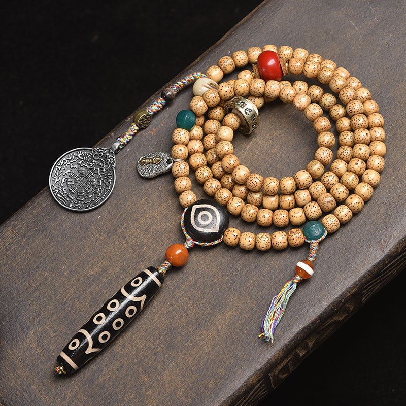 Dansenmonk Tibetan Butter Yellow Star Moon Bodhi 108 Mala | Ethnic Prayer Bead Necklace Bracelet