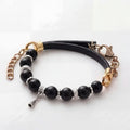 Black Onyx Protection Bracelet | Mixed Metal Design | Genuine Leather | Unisex Statement Jewelry