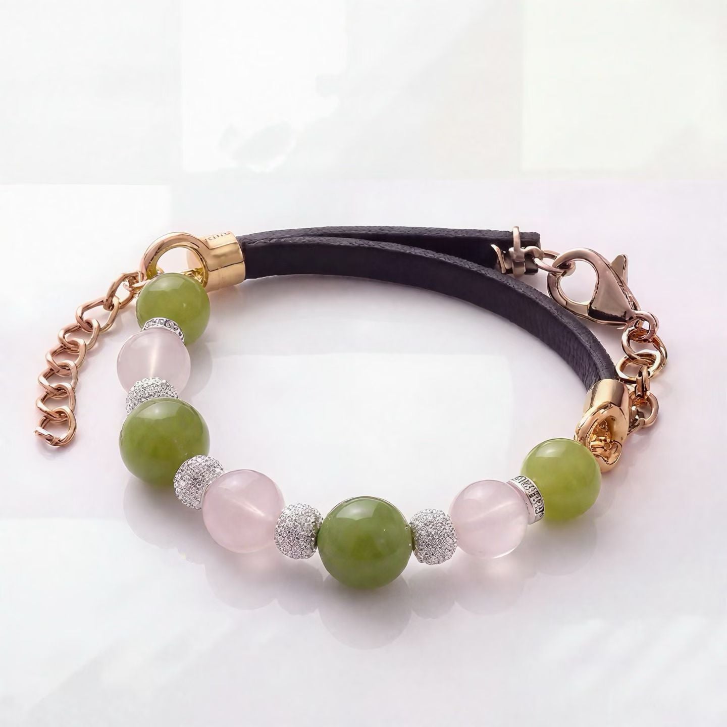 Green Aventurine & Rose Quartz Bracelet | Heart Chakra Healing | Rose Gold & Crystal Accents