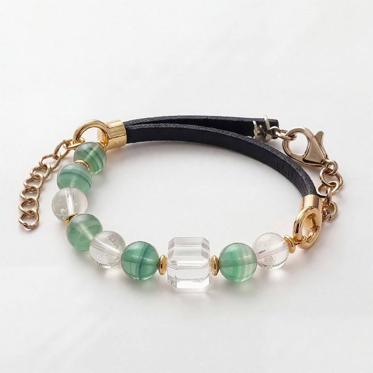 Green Banded Agate & Clear Quartz Bracelet | Minimalist Crystal Design | Gold & Leather