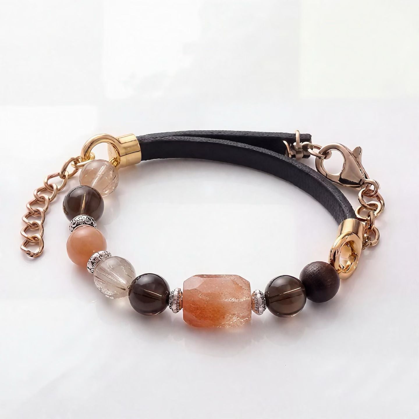 Sunstone & Smoky Quartz Bracelet | Peach Moonstone Accents | Rose Gold & Leather Design