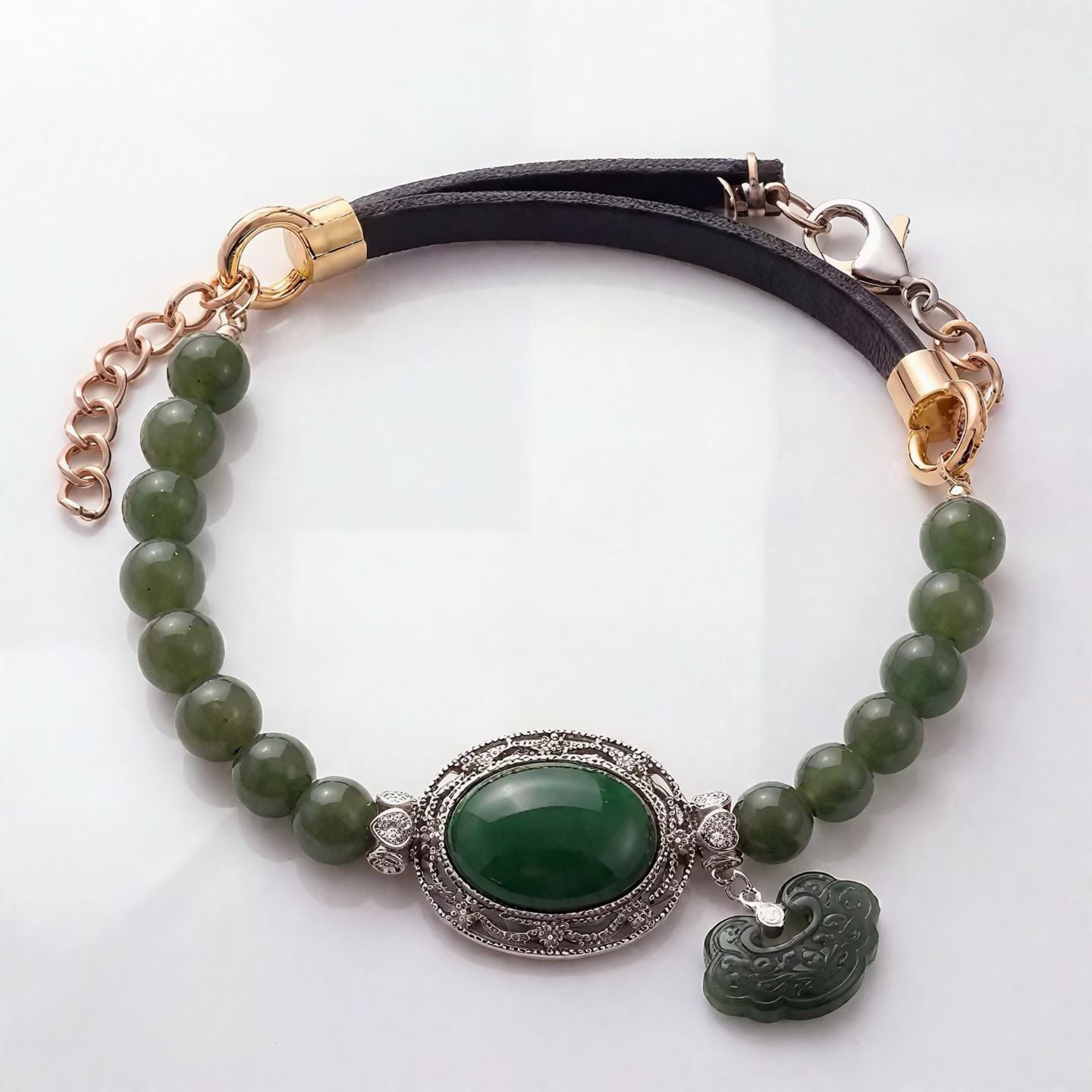 Hetian Jade Bracelet | Imperial Green Nephrite | Vintage Silver Filigree & Carved Jade Charm