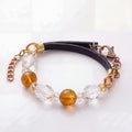 Citrine & Faceted Crystal Bracelet | Amber Gold & Clear Quartz Design | Rose Gold Leather