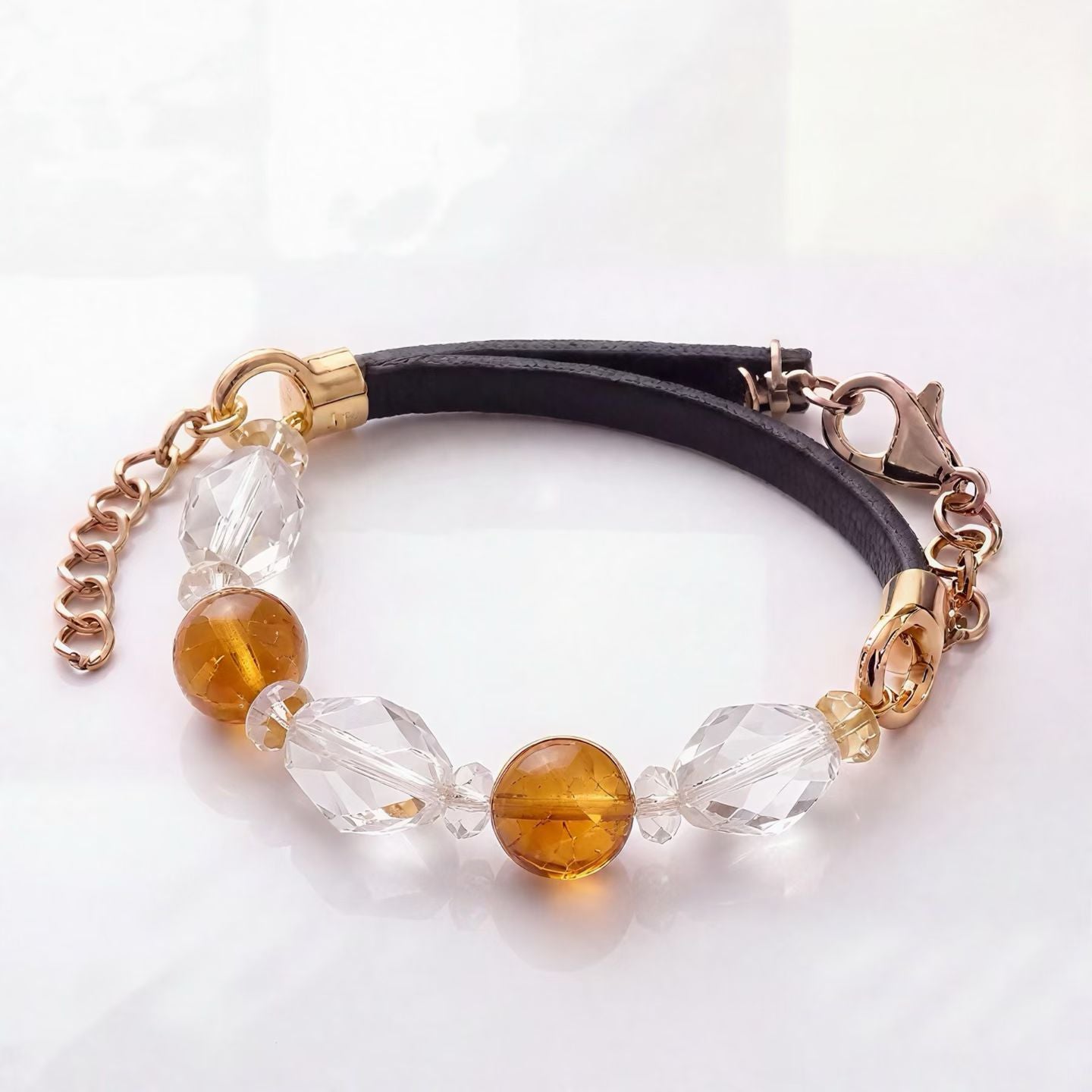 Citrine & Faceted Crystal Bracelet | Amber Gold & Clear Quartz Design | Rose Gold Leather