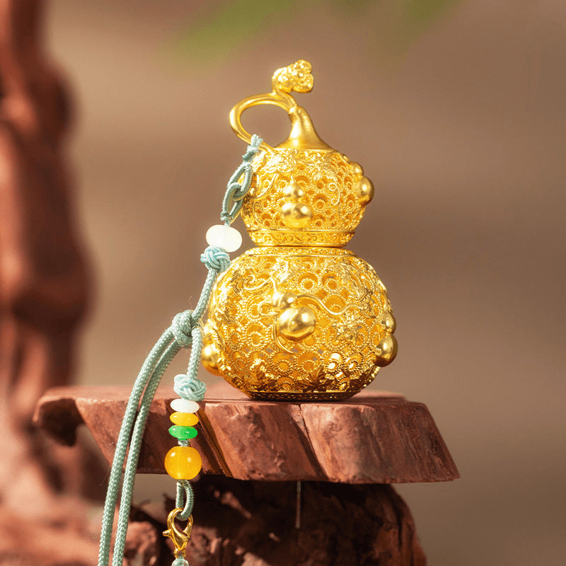 Chinese Filigree Gourd Car Charm | Openable Brass Incense Holder for Feng Shui & Good Fortune