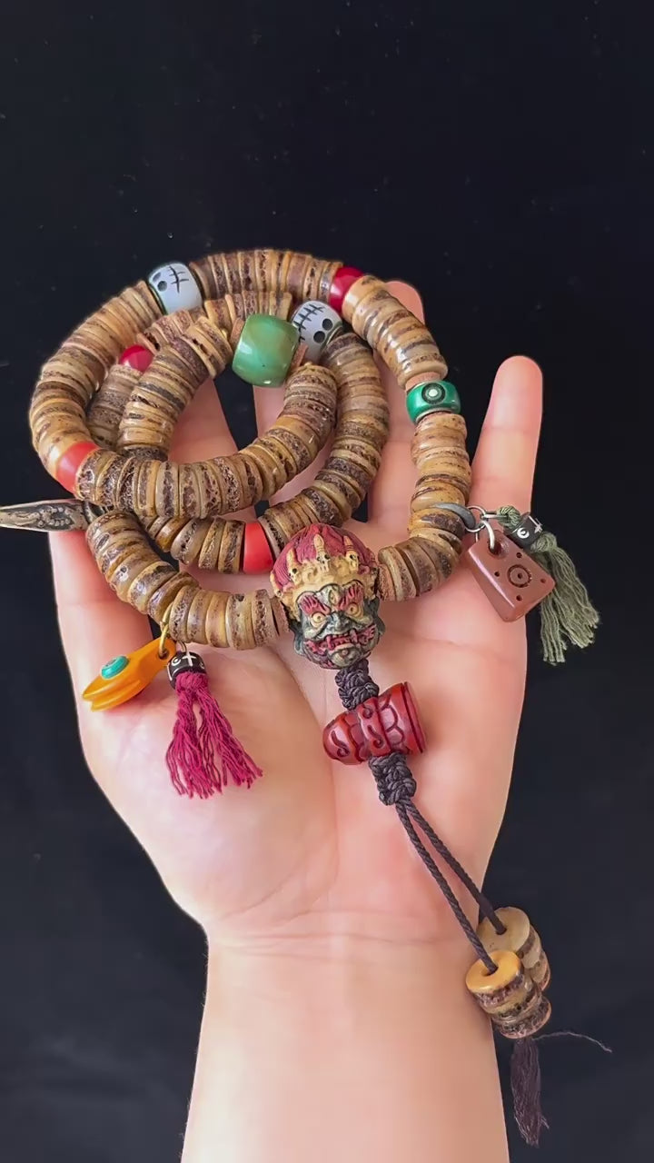 Dansenmonk Vintage Tibetan Camel Bone 108 Mala Bracelet with Mahakala Guru Bead, Root Carving & Yak Bone Pendants